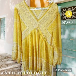 Anthropologie Rose & Olive Sheer Blouse Boho Tunic Canary Yellow Long Sleeve Top